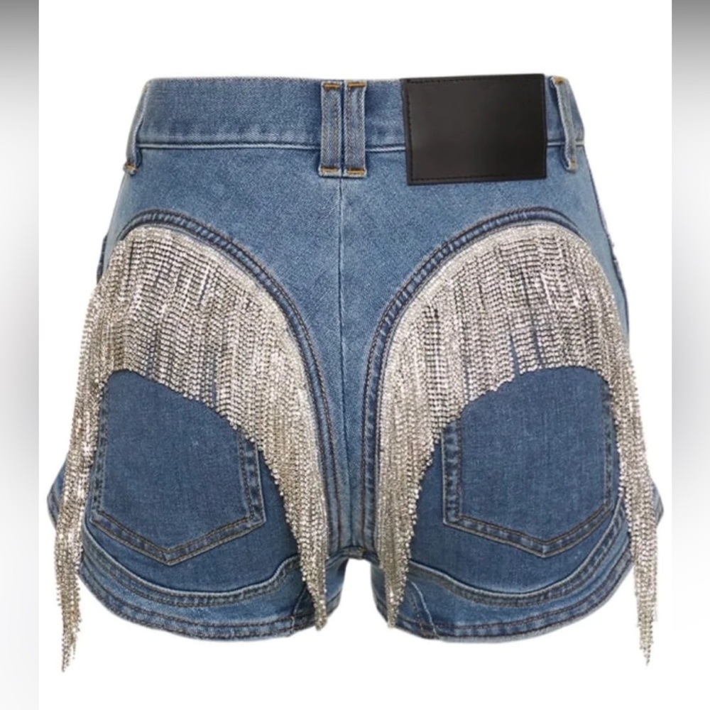 JESSICA BARA WINA CRYSTAL FRINGE DENIM SHORTS